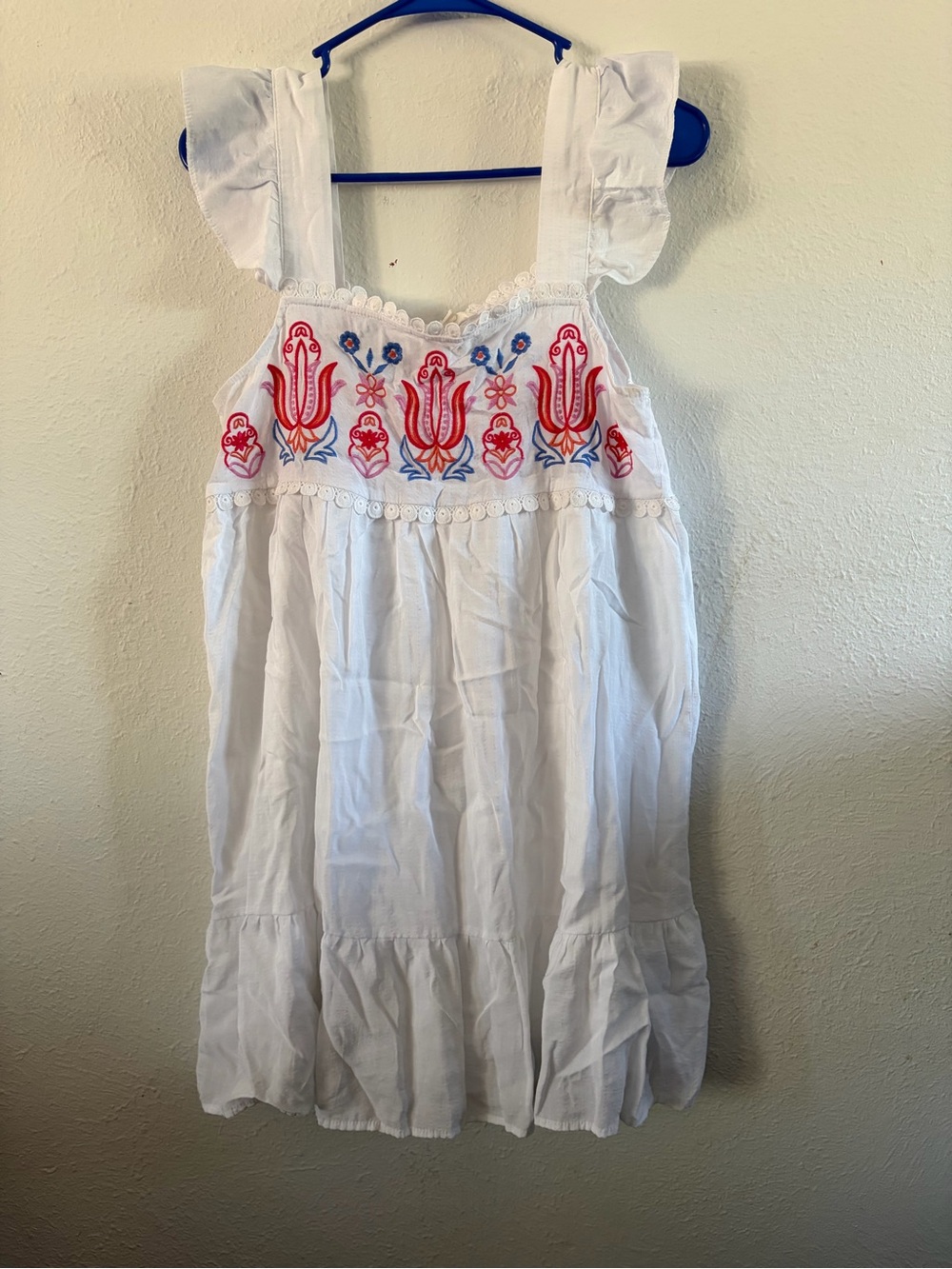 Blu Pepper White Midi Dress with Red & Blue Embroidery